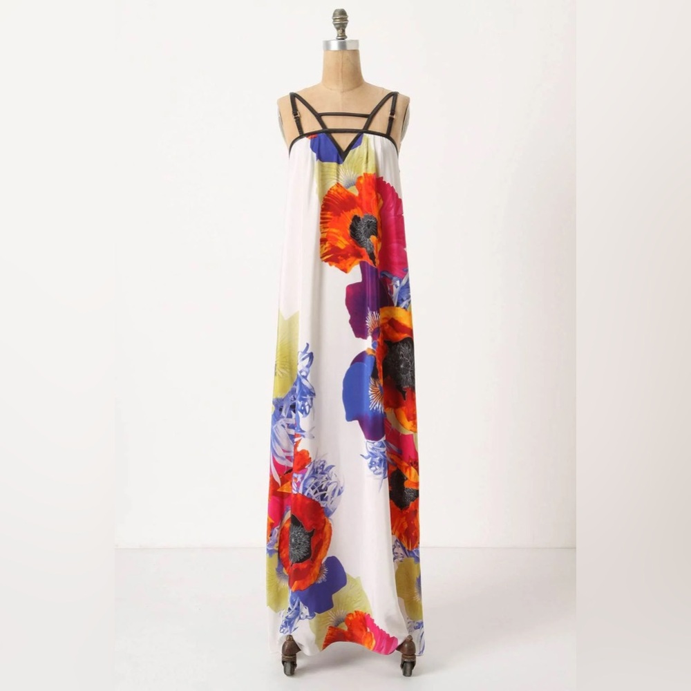 Anthropologie White Maxi Dress with Bold Red, Blue & Orange Floral Print